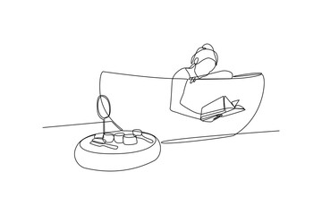 Single one line drawing happy woman is taking a bath. Bathroom activity concept. Continuous line draw design graphic vector illustration.