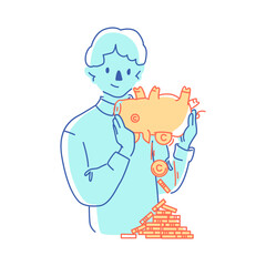 man shaking coins out of piggy bank