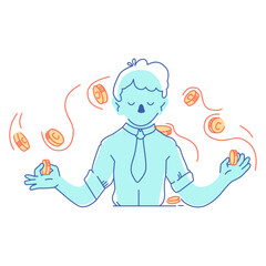 man meditates around coins