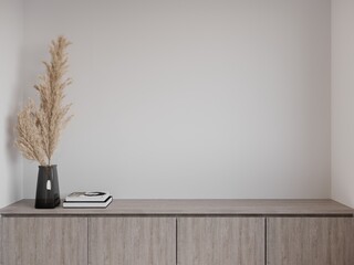 3D rendering  close up empty space of  low cabinet with white lath background