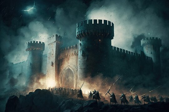 Storming of medieval castle fortress siege of city chaos. Generative AI AIG15.