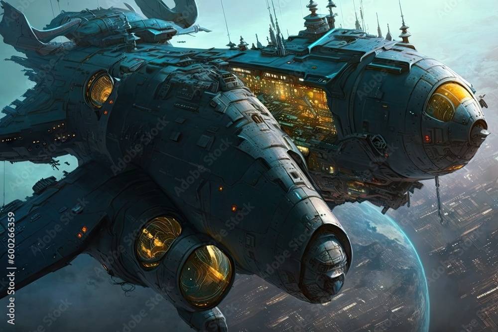Wall mural cyber punk spaceship seen from above. glorious generative ai.
