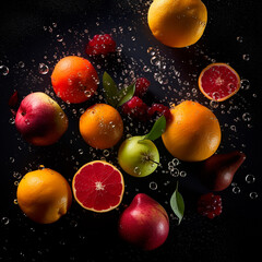Fototapeta na wymiar Bright juicy fruits on a dark background. Water splashes ,apples, lemons, oranges, pears and other fruits. High quality illustration Generative AI