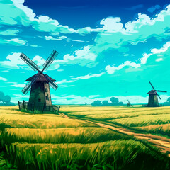 Fototapeta na wymiar Windmills in a field in anime style. High quality illustration Generative AI