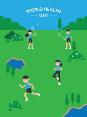 poster design to commemorate world Health day with illustrations of people exercising