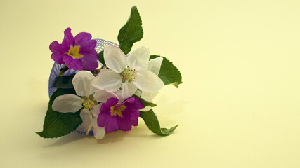 bouquet made of flowers on apple tree and purple spring flowers as a minimal creative concept