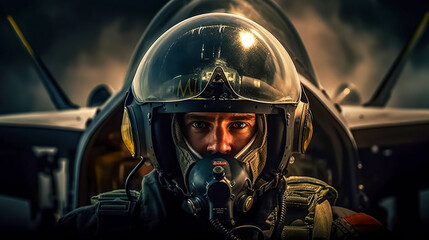 Portrait of fighter pilot wearing helmet on dark background with copy space, digital ai art	
