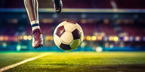 Close up of a soccer striker ready to kicks the ball in the football goal. Soccer scene at night match with player kicking the ball with power
 - obrazy, fototapety, plakaty