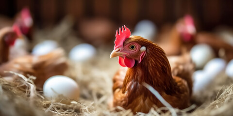 hen lays eggs at a chicken coop in a group of chickens at a bio farm. Chicken eggs in hen house. Hens in hen house. 