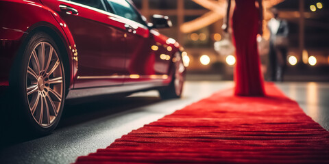 Woman arriving with limousine walking red carpet, Woman in a luxurious dress on a red carpet. Blurred image. - obrazy, fototapety, plakaty