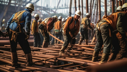 Group of worker and civil engineer in safety uniform install reinforced steel