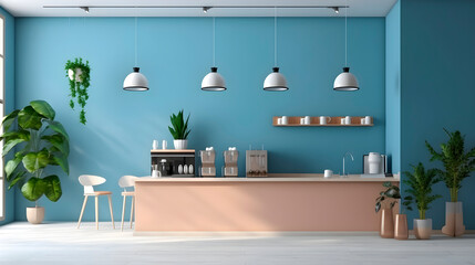 Coffee shop, kitchen, minimalistic with chairs, table and lamps and plants