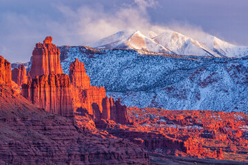 Fisher Towers and La Sals Blowing Snow