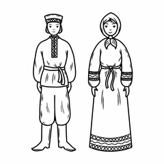 Man and woman in traditional Belarusian clothes. Slavs.
