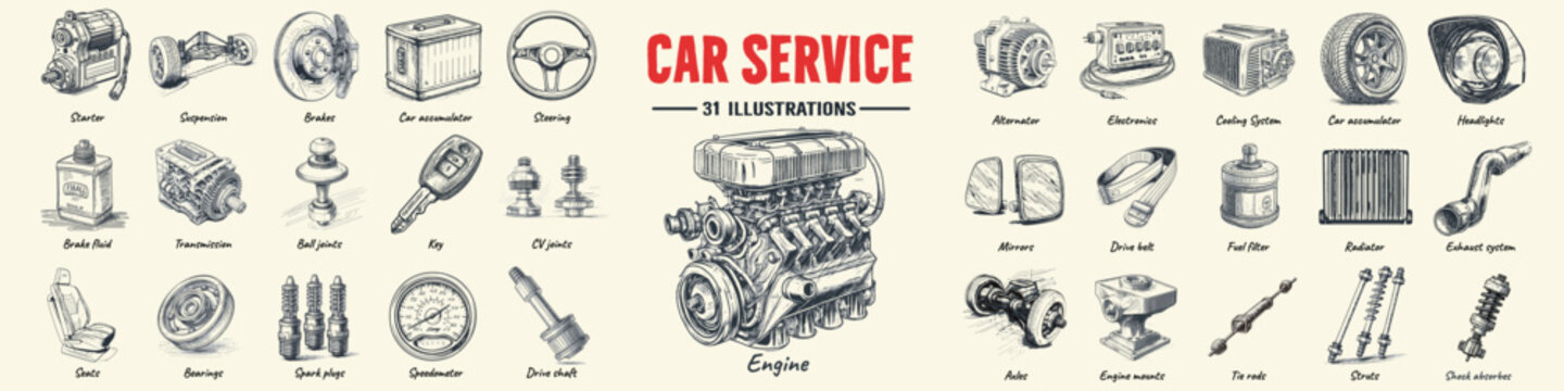 Car service sketch set with vector stroke and white background. Auto service, car repair icon set. Car service and garage collection.