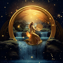 Zodiac sign of Aquarius, fantasy water bearer and gold horoscope wheel, generative AI. - obrazy, fototapety, plakaty