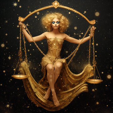 Zodiac sign of Libra, fantasy woman with golden scales and confetti, generative AI.