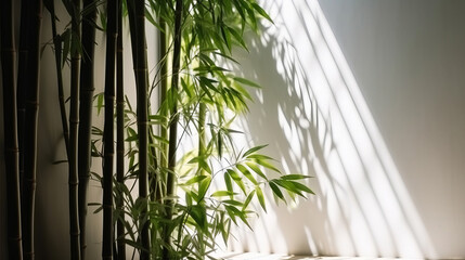 Tranquil bamboo background with shadows on a plain wall. Generative ai