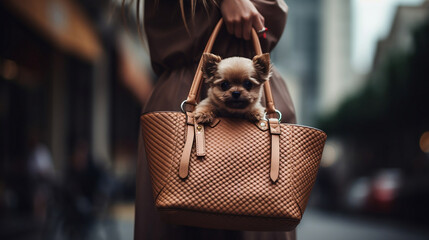 Small Dog Fashion: Person Carrying Pet in Stylish Tote Bag. Generative AI.
