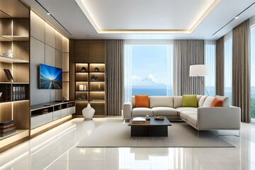 very organised modern living room created with Generative AI technology	
