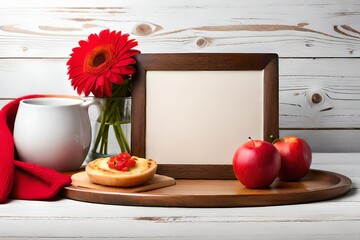 ad style empty wooden frame with a red flower and red apples around them created with Generative AI technology	