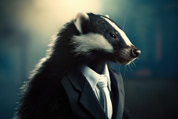 Anthropomorphic skunk dressed in a suit like a businessman. Business Concept. AI generated, human enhanced