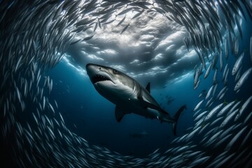 A predatory shark among a school of fish. AI generated, human enhanced.