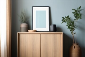 Mockup of a modern minimalist interior. Greyish blue. AI generated, human enhanced