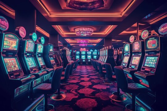 Luxury Casino Interior With Lots Of Slot Machines. AI Generated, Human Enhanced.