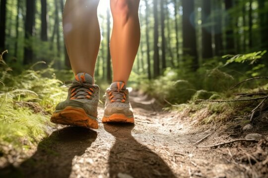 Legs of a woman jogging in the forest. Walking in nature in the fresh air after the rain. AI generated, human enhanced