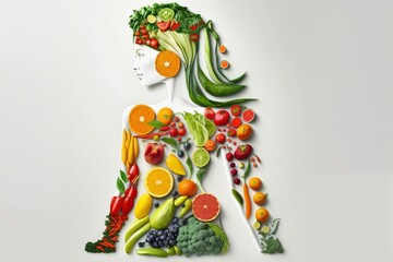 Fototapeta na wymiar Fruit woman silhouette. Fresh fruits are laid out in the shape of a person. AI generated, human enhanced.