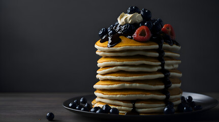 A towering stack of fluffy pancakes, topped with a generous helping of butter and chocolate or...