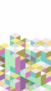 Retro cubes loop. Memphis Design style, 80's - 90's. Isometric geometric mosaic pattern of colorful 3D blocks with copy spac. Vertical video.