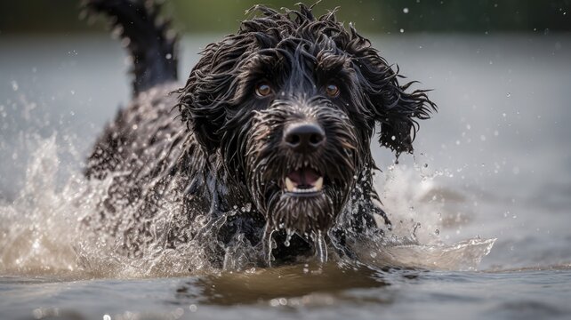 A Splash of Fun: The joy and excitement of a Portuguese Water Dog playing in the water with a splash