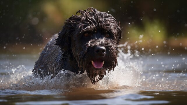 A Splash of Fun: The joy and excitement of a Portuguese Water Dog playing in the water with a splash
