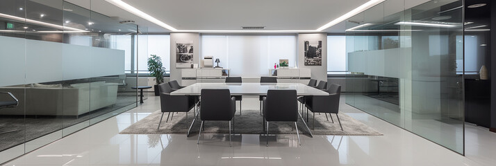 Fototapeta na wymiar Modern Corporate Spaces: Contemporary and Professional Interior Design for an Urban Company Building with a Formal Meeting Room or Boardroom. generative ai