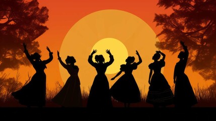 Black Silhouettes of a Group of Women in 1800s Clothing Celebrating Freedom, Illustration for Juneteenth [Generative AI]