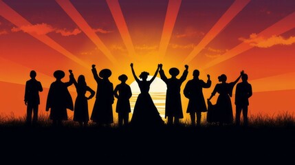 Black Silhouettes of a Group of Emancipated People in 1800s Clothing Celebrating Freedom, Illustration for Juneteenth [Generative AI]