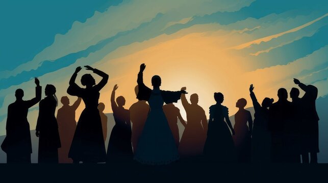 Silhouettes Of A Group Of Emancipated People In 1800s Clothing Celebrating Freedom At Sunrise, Illustration For Juneteenth [Generative AI]