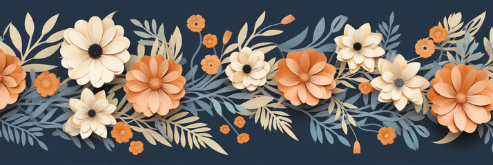 Abstract pattern with flowers in paper craft style. Pastel flowers on a dark background. Created with Generative AI tools