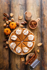 Traditional pumpkin pie for Thanksgiving with whipped cream