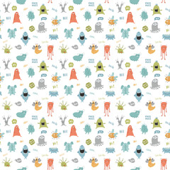 Cute monsters seamless pattern. Cartoon monsters background. Vector illustration