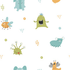 Cute monsters seamless pattern. Cartoon monsters background. Vector illustration