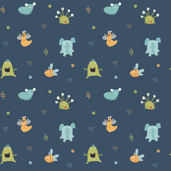 Cute monsters seamless pattern. Cartoon monsters background. Vector illustration