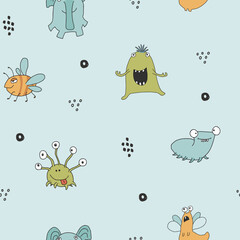 Cute monsters seamless pattern. Cartoon monsters background. Vector illustration