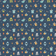 Cute monsters seamless pattern. Cartoon monsters background. Vector illustration