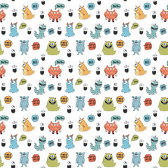 Cute monsters seamless pattern. Cartoon monsters background. Vector illustration