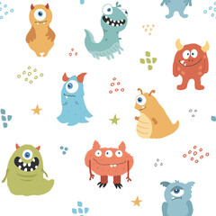 Cute monsters seamless pattern. Cartoon monsters background. Vector illustration