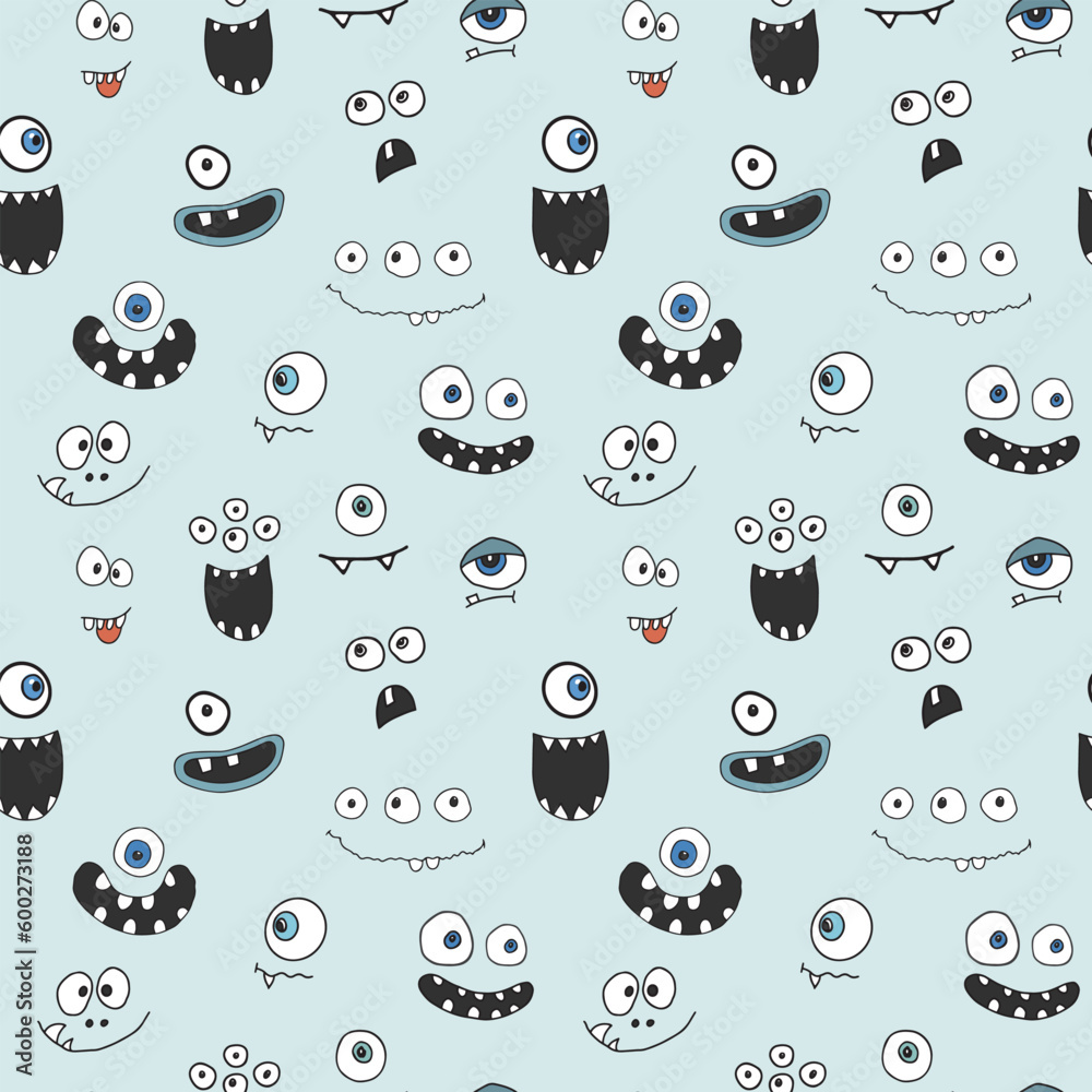 Wall mural cute monster faces seamless pattern. cartoon monsters background. vector illustration