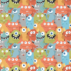 Obraz premium Cute monsters seamless pattern. Cartoon monsters background. Vector illustration